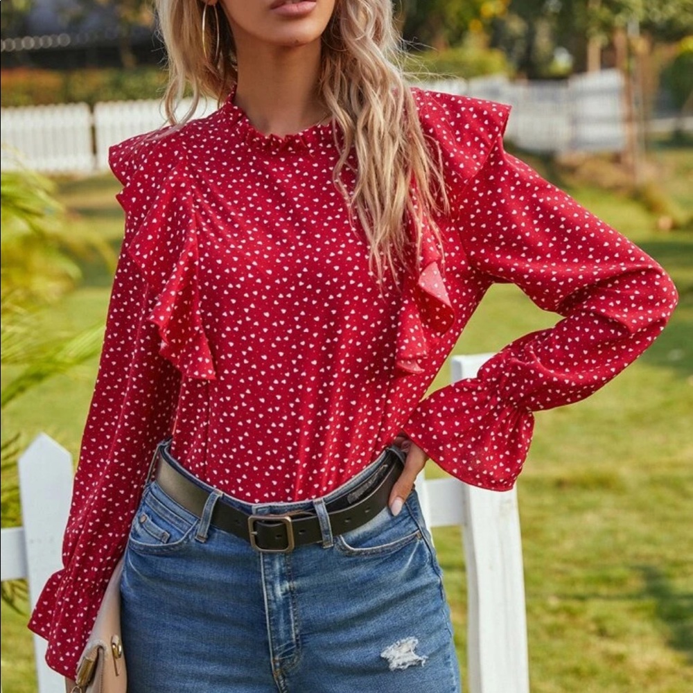 Red ruffle mock neck blouse‎